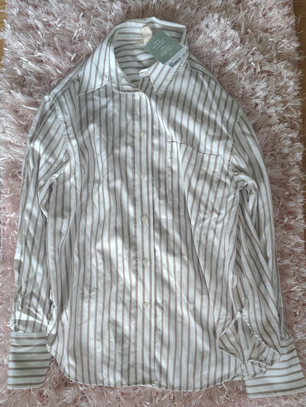 H&M Women's Classic Stripe Button-Up Shirt - Cream & Light Brown Stripes - NWT